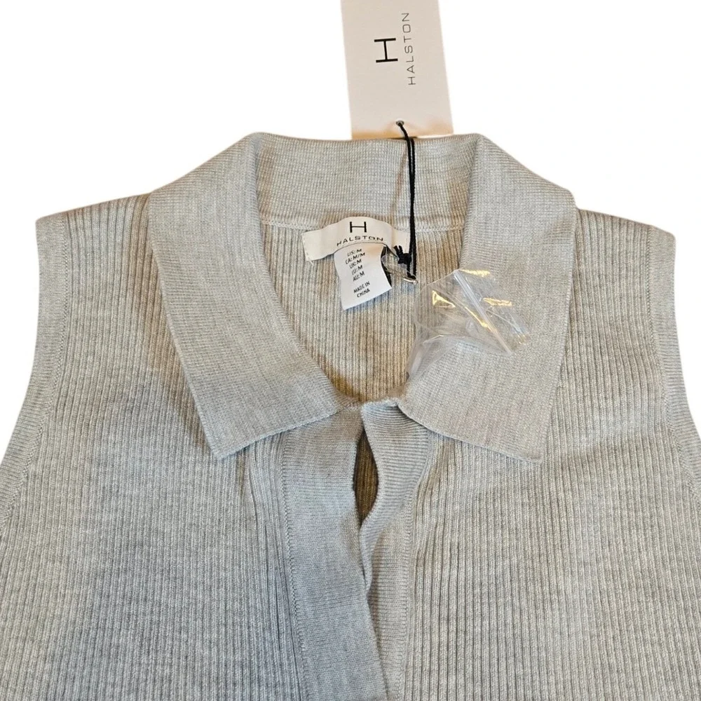 NWT‎  Halston Sleeveless Ribbed Knit Top Collared Button Front Tank Vest Medium - Picture 3 of 5